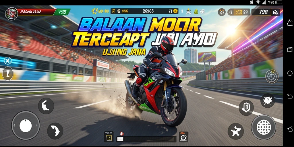Screenshot gameplay V98 menampilkan balapan motor yang seru.